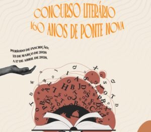 Cartaz de divulgação para redes sociais, com o título "Concurso literário 160 anos de Ponte Nova". Há um livro aberto com várias letras saindo das páginas.
